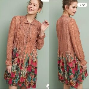 ANTHROPOLOGIE BL^NK LONDON Metallic Floral Ruffle Eirena Dress Petite Small